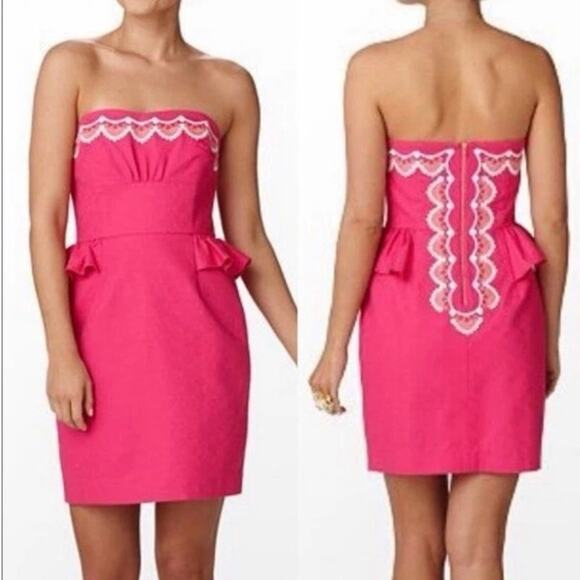 LILLY PULITZER Maybell Bustier Mini Dress Size‎ 2 Pink Strapless Peplum Resort - Picture 2 of 13